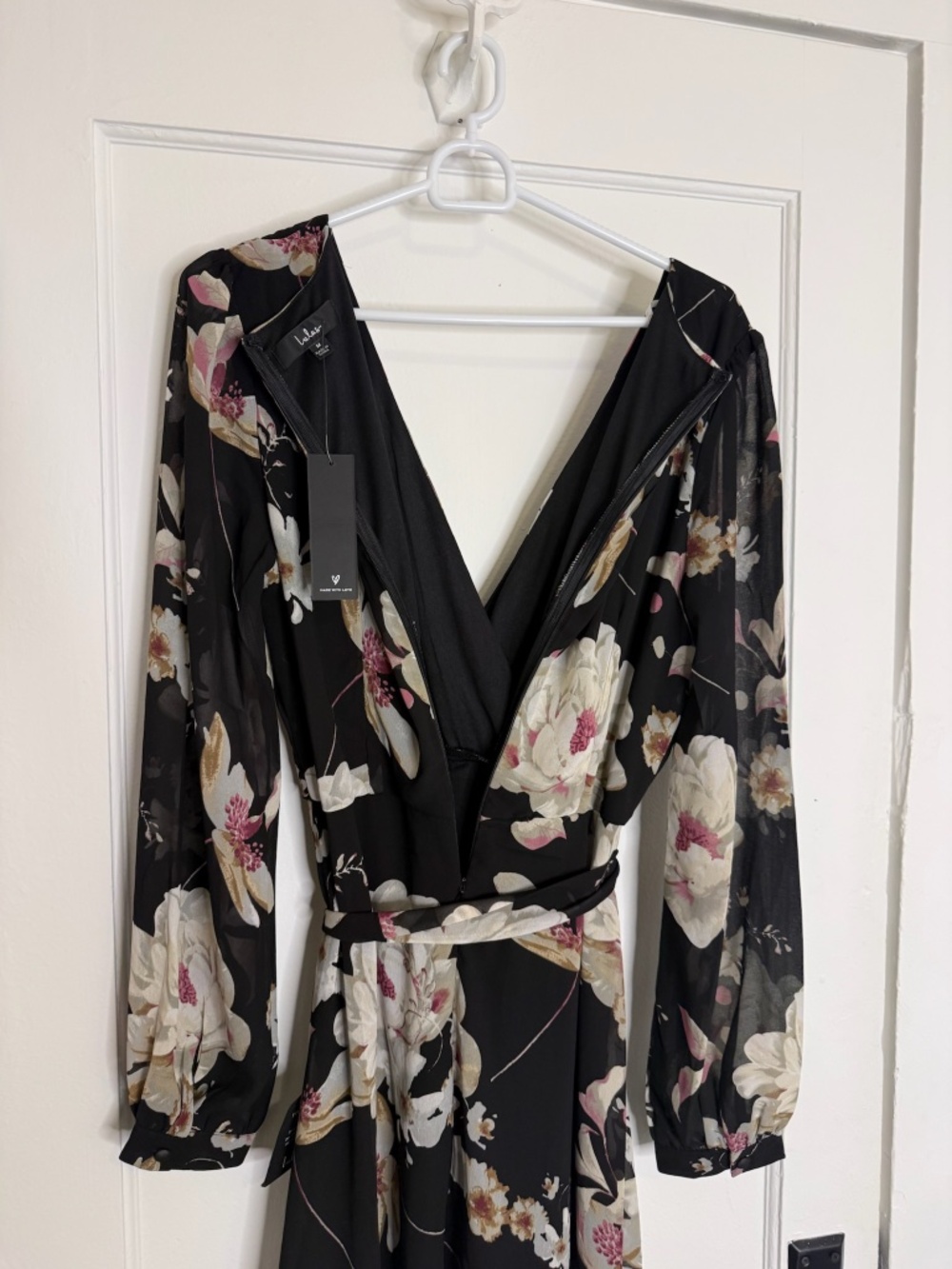 Lulu’s Blissful Thinking Black Floral Print High-Low Wrap Dress - Picture 3 of 9